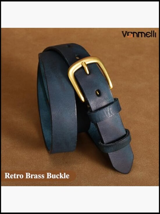 Genuine Leather Belt for Jeans, Full Grain Leather, Vintage Gold Buckle, 1.1\